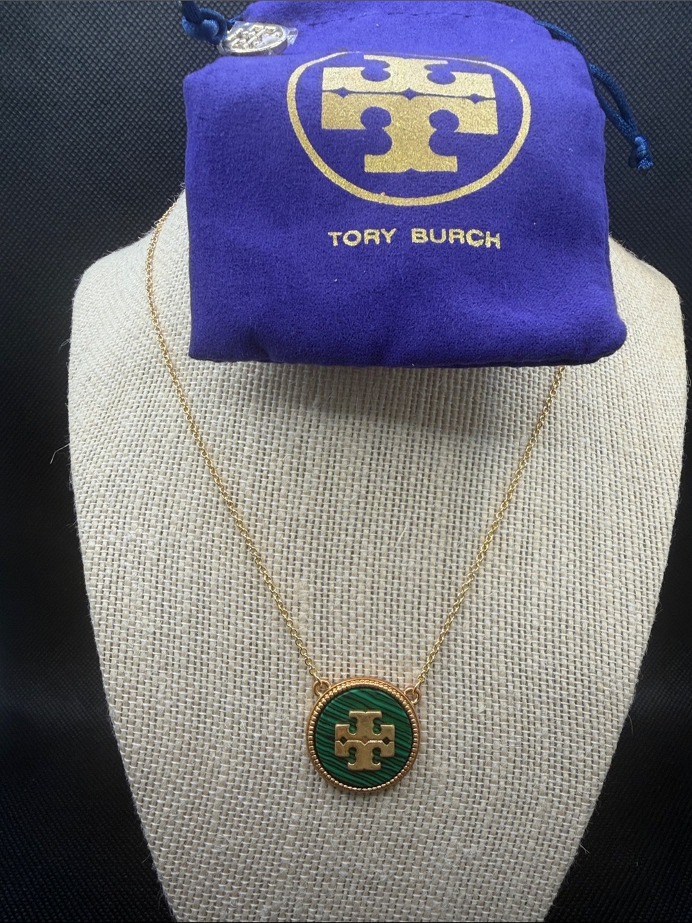 Tory Burch Gold Tone Necklace with Green malachite Medallion Stone 16”-18”